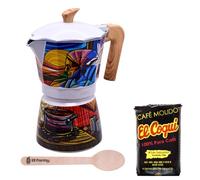 Puerto Rico Greca de Cafe Gift Set | Boricua Art Stovetop Coffee Maker & Moka Pot | with Authentic Cafe El Coqui | Cafetera, 6 Espresso Cups