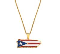 Puerto Rico Map and Colored Flag Pendant Necklaces Gold Color PR Puerto Ricans Jewelry For Women Men(Gold Color,60cm)