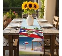 Puerto Rico Table Runner 16x72 inch Flag Frog Red White Stripes Beach Palm Trees Cotton Linen Dining Table Runner Ideal for Dresser Kitchen Coffee Tables - Machine Washable