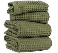 Püskül - 4 Pieces Waffle Towel Sets for Bathroom, Premium Organic Turkish Cotton 2 Hand Towels 2 Bath Towels Set (Khaki Green)