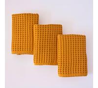 PÜSKÜL Organic Waffle Kitchen Towel 100% Turkish Cotton Set of 3 Mustard Yellow - Premium Quality, Soft, Quick-Dry, Absorbent, Lint-Free Hand Towels 32X16 Inches (3, Mustrad Yellow)