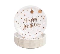 PUEVENYI 50PCS Happy Birthday Paper Plates 7Inch White and Rose Gold Dessert Plates Paper Plates for Cake Fruit Salad Pizza Disposable Decoration Supplies for Birthday Party