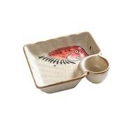 PUFAHAU Simple and cute Japanese-style creative delicate and fresh ceramic square plate - green, fat pufferfish(Red fat fish head with spots)