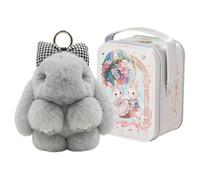 Pufei Bunny Lulu Keychain With Tin Box - Fluffy Trinket, Soft Plush Pendant, Cute Rabbit Key Ring Charm, Handbag Ornaments for Women and Girls