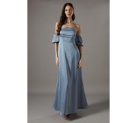 Puff Sleeve Bardot Satin Maxi Bridesmaid Dress Coast Dusty Blue 14