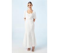 Puff Sleeve Satin Jacquard Wrap Waist Wedding Dress Oasis Ivory 8