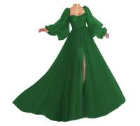 Puff Sleeve Tulle Prom Dresses for Teens 2024 Emerald Green Plus Size Princess Ball Gown with Slit Formal Bridal Gown UK28