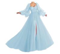 Puff Sleeve Tulle Prom Dresses for Teens 2024 Light Blue A Line Princess Ball Gown with Slit Formal Bridal Gown UK14