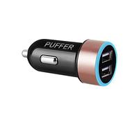PUFFER Compact Dual USB Car Charger, 24W Fast Charging Adapter with Blue LED, Compatible with iPhone, Samsung Galaxy, iPad, Huawei - 12V Phone Socket - Rose Pink
