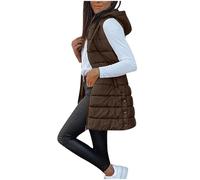 Puffer Jackets Women Quilted Zipper Trench Coat Lightweight Hooded Windproof Longline Down Jacket Thermal Cotton Outwear Ladies Sleeveless Warm Winter Long Gilet with Pockets