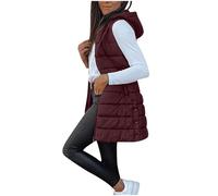 Puffer Jackets Women Quilted Zipper Trench Coat Lightweight Hooded Windproof Longline Down Jacket Thermal Cotton Outwear Ladies Sleeveless Warm Winter Long Gilet with Pockets