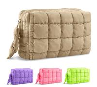 Puffer Quilted Makeup Bag Cosmetic Bags,Puffy Travel Toiletry Pouch for Women,Cute Checkered Zipper Bag Travel Essential,Portable Aesthetic Make up Organizer Bag for Gifts Work Daily, Khaki, M