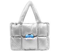Puffer Tote Bag for Women, Quilted Shoulder handbag for Travel, Work, Gym, Silver Without Organizer, L