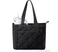 Puffer Tote Bag for Women, Quilted Shoulder Handbag with Cup Holder for Work Travel Nurse Clinical, Nursing School Essentials, Black, L