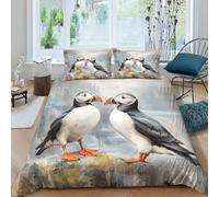 Puffin 3D Printed Duvet Cover Set 3 Pieces Soft Microfiber Seaside Birds Quilt Cover with Pillowcases And Zipper Closure Set for Girls Boys Children Comforter Cover Bedding Double（200x200cm）