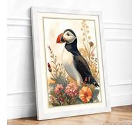 Puffin Among Flowers Botanical Framed Wall Art Print A4 White