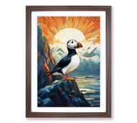 Puffin Art Deco Framed Print | A2 Walnut Framed Wall Art | Ready to Hang | Art Deco Nature Picture | Living Room Bedroom Lounge Office