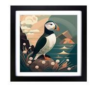 Puffin Art Deco No.2 Framed Print | 18x18 Inch Black Framed Wall Art | Ready to Hang | Art Deco Nature Picture | Living Room Bedroom Lounge Office