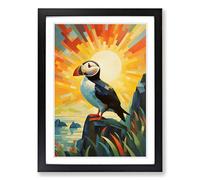 Puffin Art Deco No.2 Framed Print | A2 Black Framed Wall Art | Ready to Hang | Art Deco Nature Picture | Living Room Bedroom Lounge Office