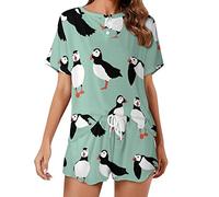 Puffin Bird Causal Short Sleeve 2 Piece Pajama Sets Loungewear Top And Shorts For Women