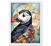 Puffin Bird Portrait Folk Art Artwork Framed Wall Art Print A4 Artery8 White One Size