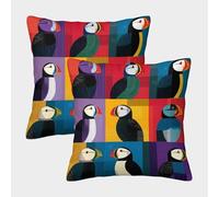 Puffin Birds-Colorful Art Style Pillow Covers 2 Pack Cozy Pillowcases Available All Seasons Cushion Case Polyester Decor for Couch Livingroom 40x40cm