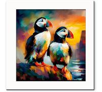 Puffin Birds Colourful Framed Print 10×10 Inch - Limited Edition Impressionist Wall Art - Vibrant Square Picture in Wooden Frame, Ready to Hang - Gift for Bird Lovers (White)