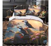 Puffin Birds Quilt Cover 3D Design Printed Hypoallergenic 3 Pcs Bedding Set Zipper Nature Landscape Duvet Cover Super Soft Anti-allergic for Kids Girls Boys Adults Women Teens King（220x240cm）