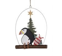 Puffin on a stick with his presents. He has swinging dangly legs! Hanging Christmas Tree Decoration. Hand made. Great Secret Santa gift.