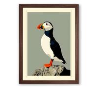 Puffin on Stone Japandi Framed Wall Art Print A1 (84.1×59.4cm) Walnut, Wall Decor for Living Room, Bedroom, Office & Home, Ready to Hang, Art Gift