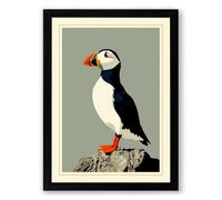 Puffin on Stone Japandi Framed Wall Art Print A2 (59.4×42cm) Black, Wall Decor for Living Room, Bedroom, Office & Home, Ready to Hang, Art Gift