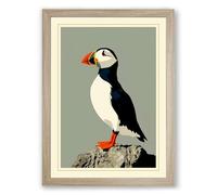 Puffin on Stone Japandi Framed Wall Art Print A3 (42×29.7cm) Oak, Wall Decor for Living Room, Bedroom, Office & Home, Ready to Hang, Art Gift