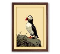 Puffin on the Rocks Botanical Framed Wall Art Print A4 (29.7×21cm) Walnut, Wall Decor for Living Room, Bedroom, Office & Home, Ready to Hang, Art Gift