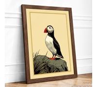 Puffin on the Rocks Botanical Framed Wall Art Print A4 Walnut