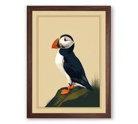 Puffin on the Rocks Vintage Framed Wall Art Print A1 (84.1×59.4cm) Walnut, Wall Decor for Living Room, Bedroom, Office & Home, Ready to Hang, Art Gift