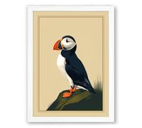 Puffin on the Rocks Vintage Framed Wall Art Print A2 (59.4×42cm) White, Wall Decor for Living Room, Bedroom, Office & Home, Ready to Hang, Art Gift