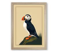 Puffin on the Rocks Vintage Framed Wall Art Print A3 (42×29.7cm) Oak, Wall Decor for Living Room, Bedroom, Office & Home, Ready to Hang, Art Gift
