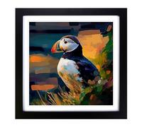 Puffin Post-Impressionism Framed Print | 18x18 Inch Black Framed Wall Art | Ready to Hang | Impressionist Nature Picture | Living Room Bedroom Lounge Office