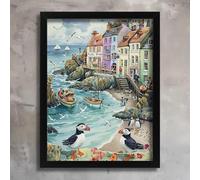 Puffin Town Wall Art Print Living Room Picture Puffins Animal Print Poster Art A3 Poster on Canvas - Wall Art Home Decor Movie Poster Canvas Film Cinema Retro Vintage Cult Classic Nostargic Saga Mode