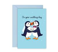 Puffin Wedding Card - Adorable Bride & Groom - Congratulations Card for Newlyweds, Colleagues, Besties, Bro, Lad, Mate, Him, Her - On Your Wedding Day Greeting - Comes with Stickers