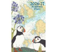 Puffins at Scilly Cornwall A5 academic mid year diary planner 2026/27 - coastal nautical designs sewn onto old sea charts maps
