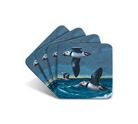 Puffins Flying Drinks Coasters by Wildlife Artist Julian Friers - Set of 4 Puffin Coasters - Non-Slip, Cork Table Coasters