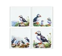 Puffins Glass Coaster Set - Coastal Puffling Seabird Gifts - Set of Four (4) Square Drinks Coasters