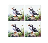 Puffins Glass Coaster Set - Coastal Seabird Gifts - Set of Four (4) Square Drinks Coasters