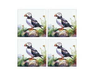 Puffins Glass Coaster Set - Coastal Seabird Gifts - Set of Four (4) Square Drinks Coasters