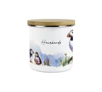 Puffins on the Rocks Personalised Storage Canister - Coastal Sea Birds Home Enamel Container Gifts