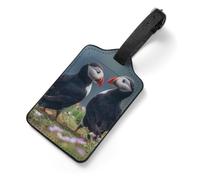 Puffins Standing on Grassy Hillside Travel Luggage Tags for Suitcases | Printed PU Bag Tags Protection Cover ID Label with Loop for Men Women
