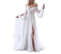 Puffy Long Sleeve Bridesmaid Dresses Tulle Slit Wedding Party Gowns for Women White