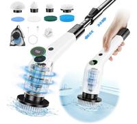 PUFTEM Electric Spin Scrubber, Cordless Shower Scrubber with 8 Scrub Brush, 2 Speed with Adjustable Extension Handle, Battery Level Display, Power Scrubber for Bathroom Bathtub Tile Floor, Black