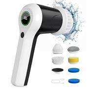 PUFTEM Electric Spin Scrubber, Cordless Shower Scrubber with Battery Level Display, 2 Speeds Electric Scrubber for Cleaning with 6 Replaceable Heads, Cleaning Brush for Bathroom/Sink/Window
